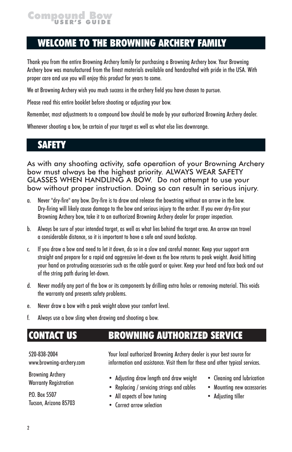 Compound bow, Welcome to the browning archery family, Safety | Browning authorized service, Contact us | Browning PN A826702 User Manual | Page 2 / 12