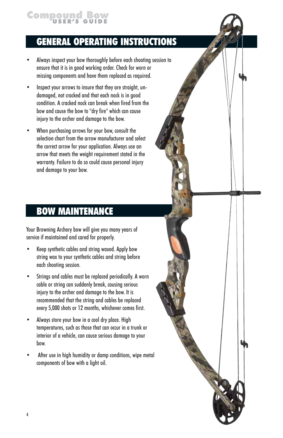 Compound bow, General operating instructions, Bow maintenance | Browning PN A826702 User Manual | Page 4 / 12