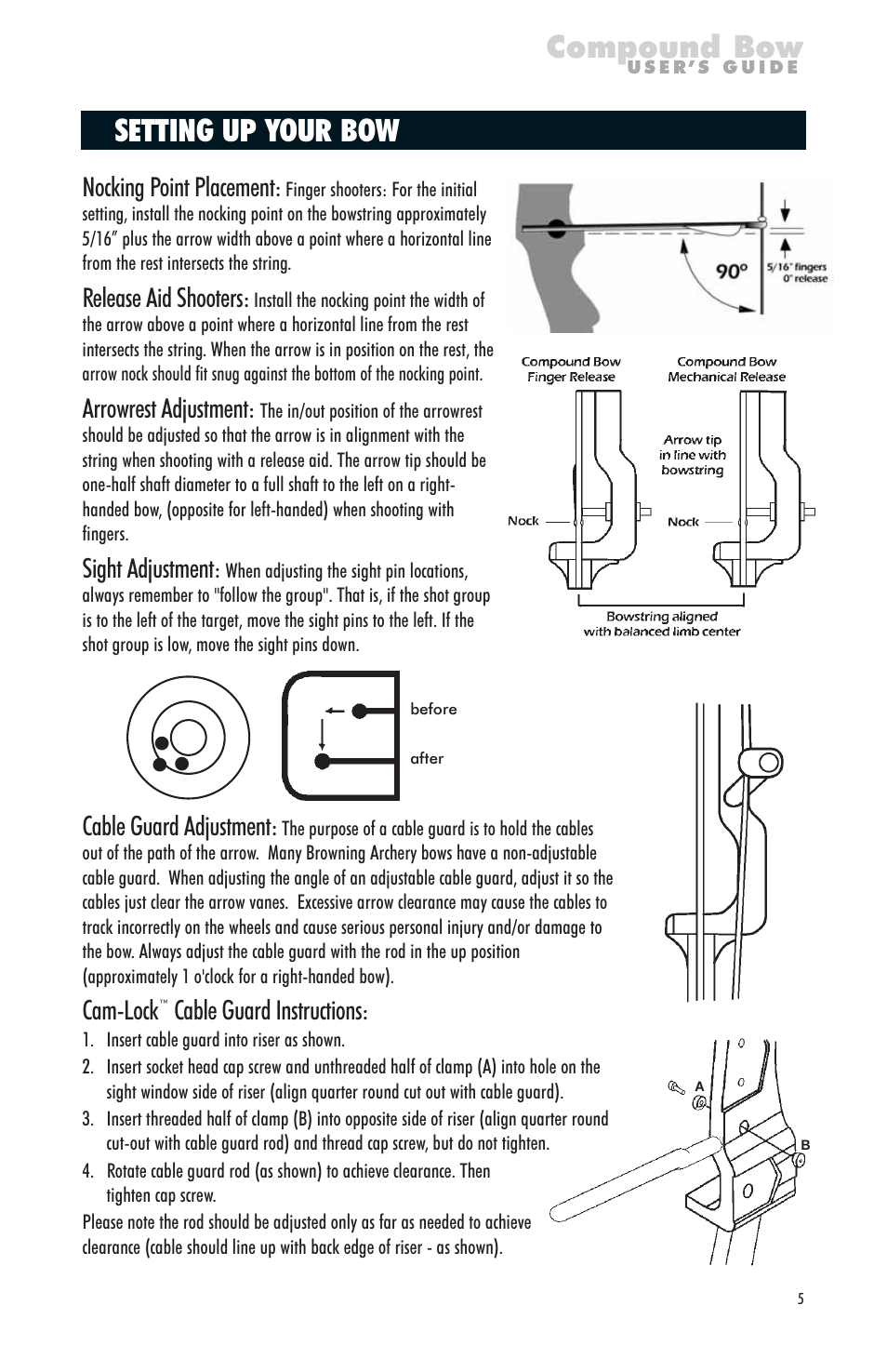 Compound bow, Setting up your bow, Nocking point placement | Release aid shooters, Arrowrest adjustment, Sight adjustment, Cable guard adjustment, Cam-lock, Cable guard instructions | Browning PN A826702 User Manual | Page 5 / 12