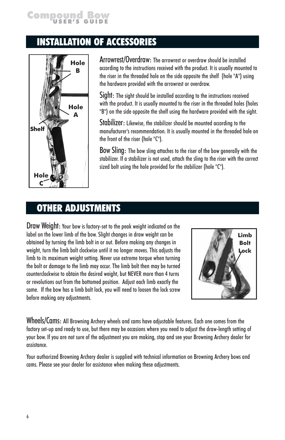 Installation of accessories, Other adjustments, Compound bow | Arrowrest/overdraw, Sight, Stabilizer, Bow sling, Draw weight, Wheels/cams | Browning PN A826702 User Manual | Page 6 / 12