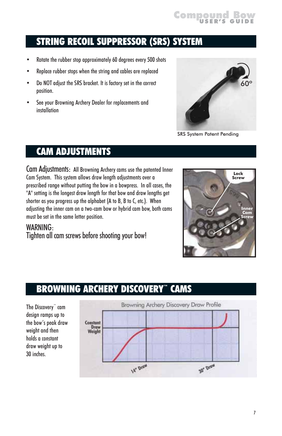 Compound bow, String recoil suppressor (srs) system, Cam adjustments | Browning archery discovery, Cams | Browning PN A826702 User Manual | Page 7 / 12