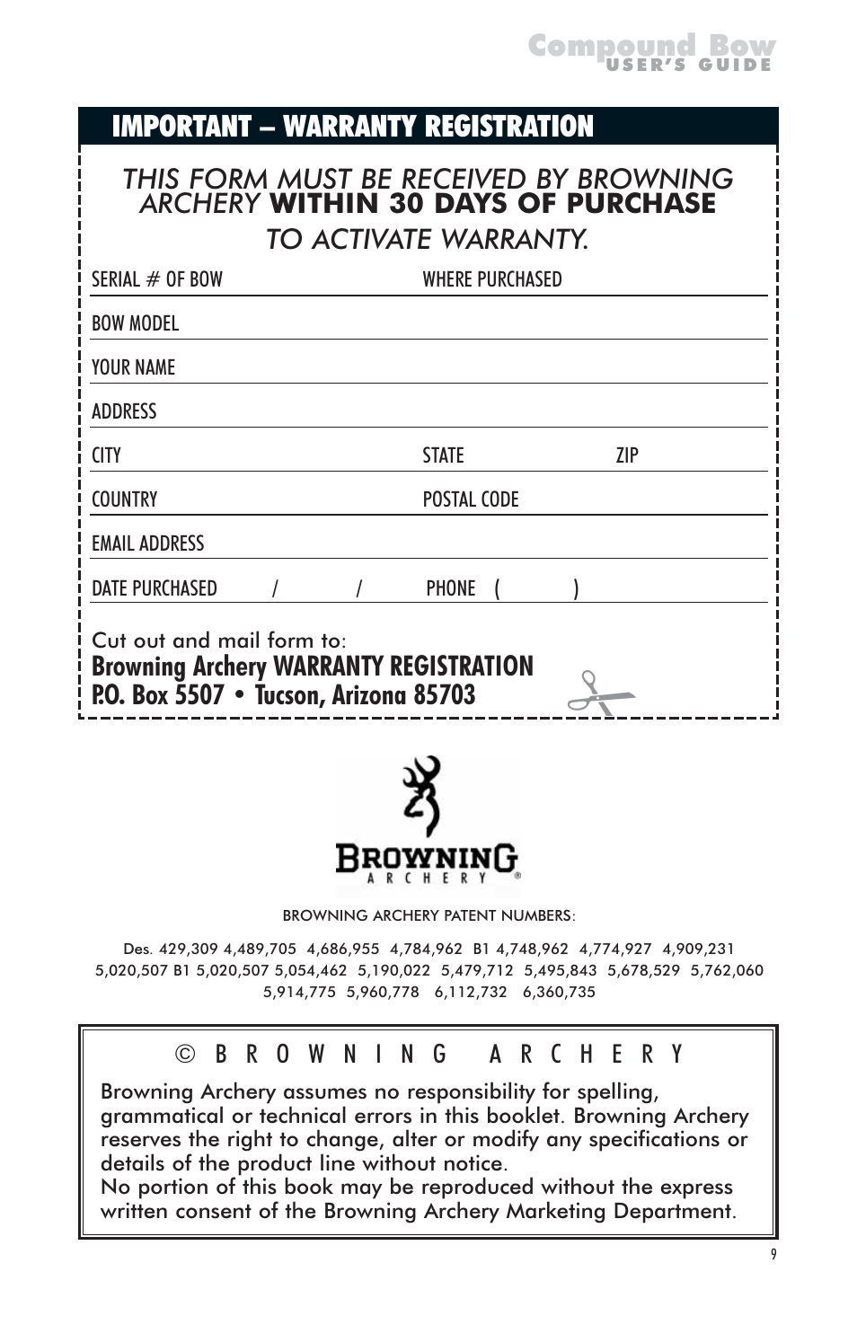 Compound bow, Important – warranty registration | Browning PN A826702 User Manual | Page 9 / 12
