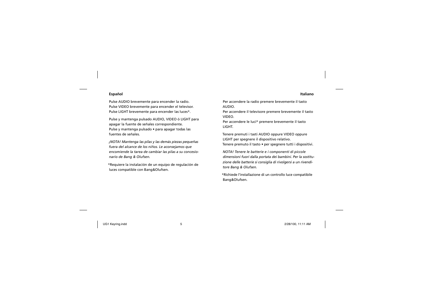 Español, Italiano | Bang & Olufsen Keyring - User Guide User Manual | Page 5 / 7