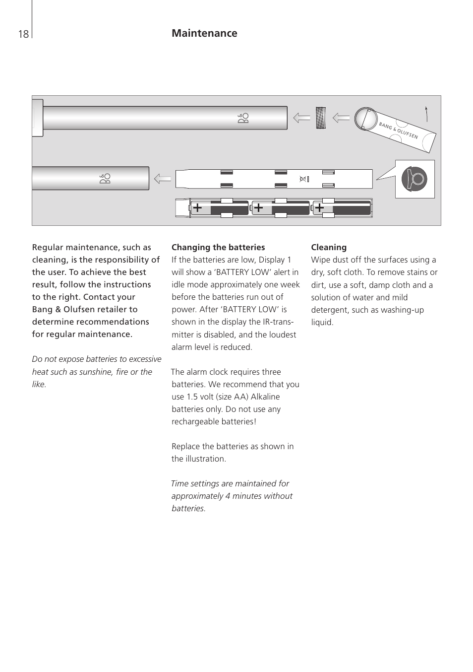 Maintenance, Changing the batteries, Cleaning | Maintenance 18 | Bang & Olufsen BeoTime - User Guide User Manual | Page 18 / 20
