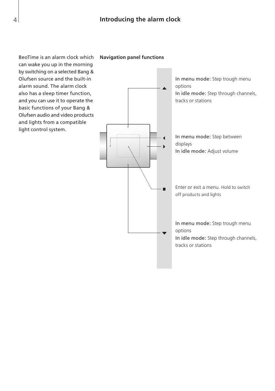 Introducing the alarm clock, Navigation panel functions | Bang & Olufsen BeoTime - User Guide User Manual | Page 4 / 20