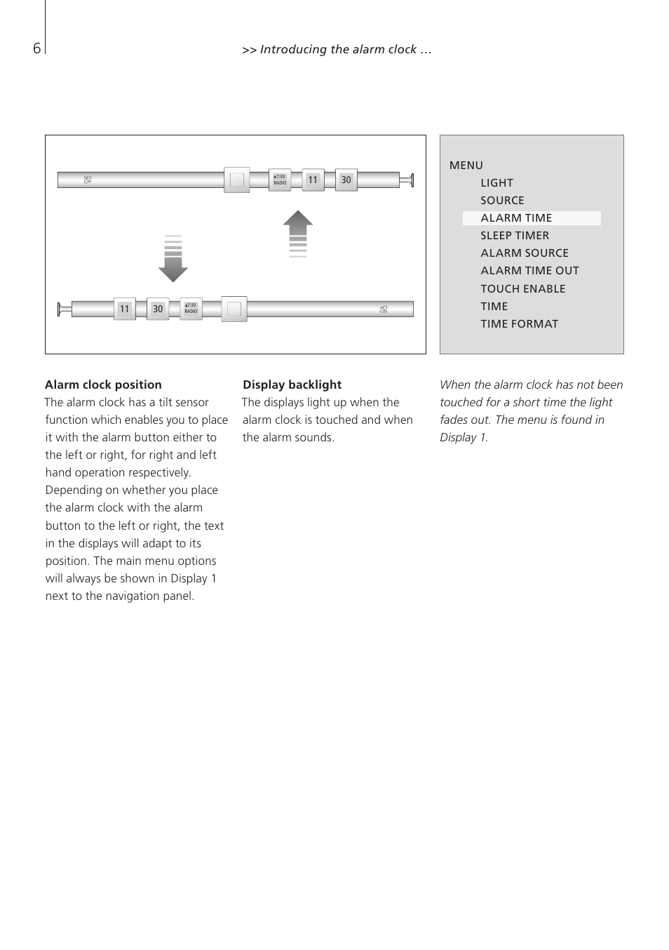 Alarm clock position, Display backlight | Bang & Olufsen BeoTime - User Guide User Manual | Page 6 / 20