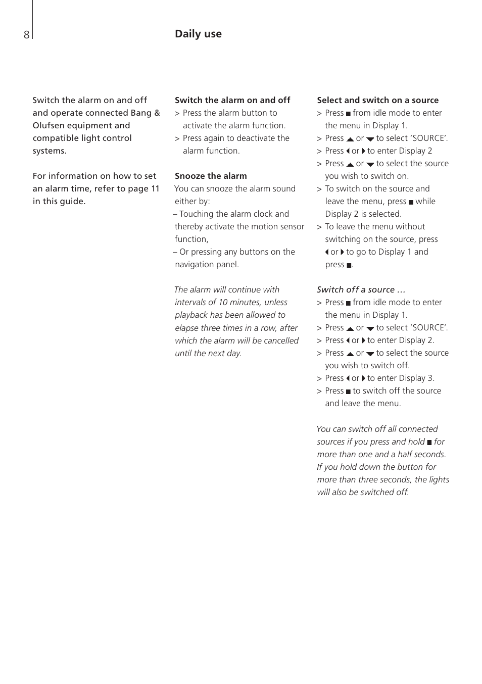 Daily use, Switch the alarm on and off, Snooze the alarm | Select and switch on a source | Bang & Olufsen BeoTime - User Guide User Manual | Page 8 / 20