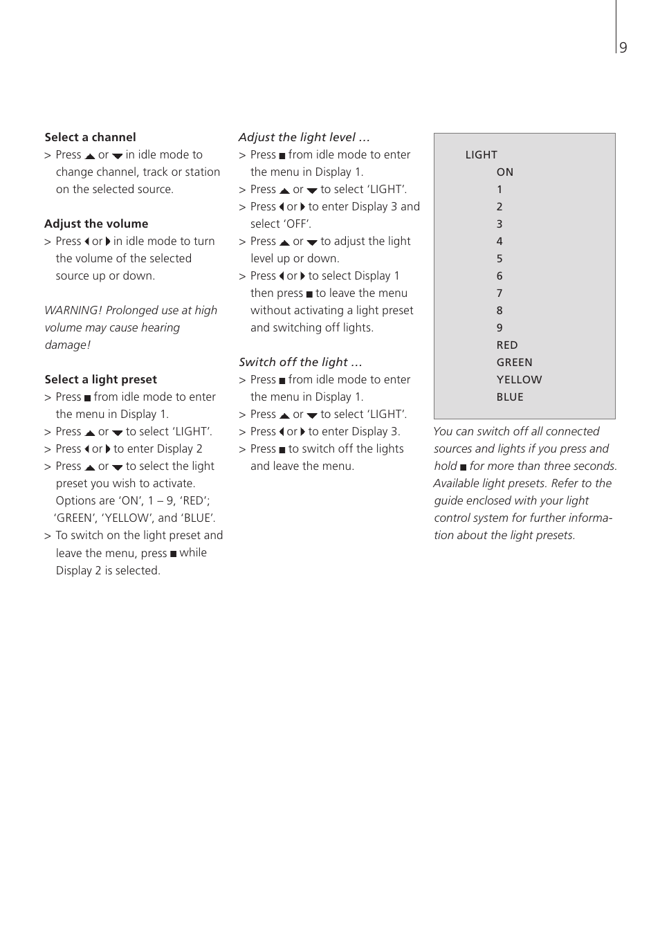 Select a channel, Adjust the volume, Select a light preset | Bang & Olufsen BeoTime - User Guide User Manual | Page 9 / 20