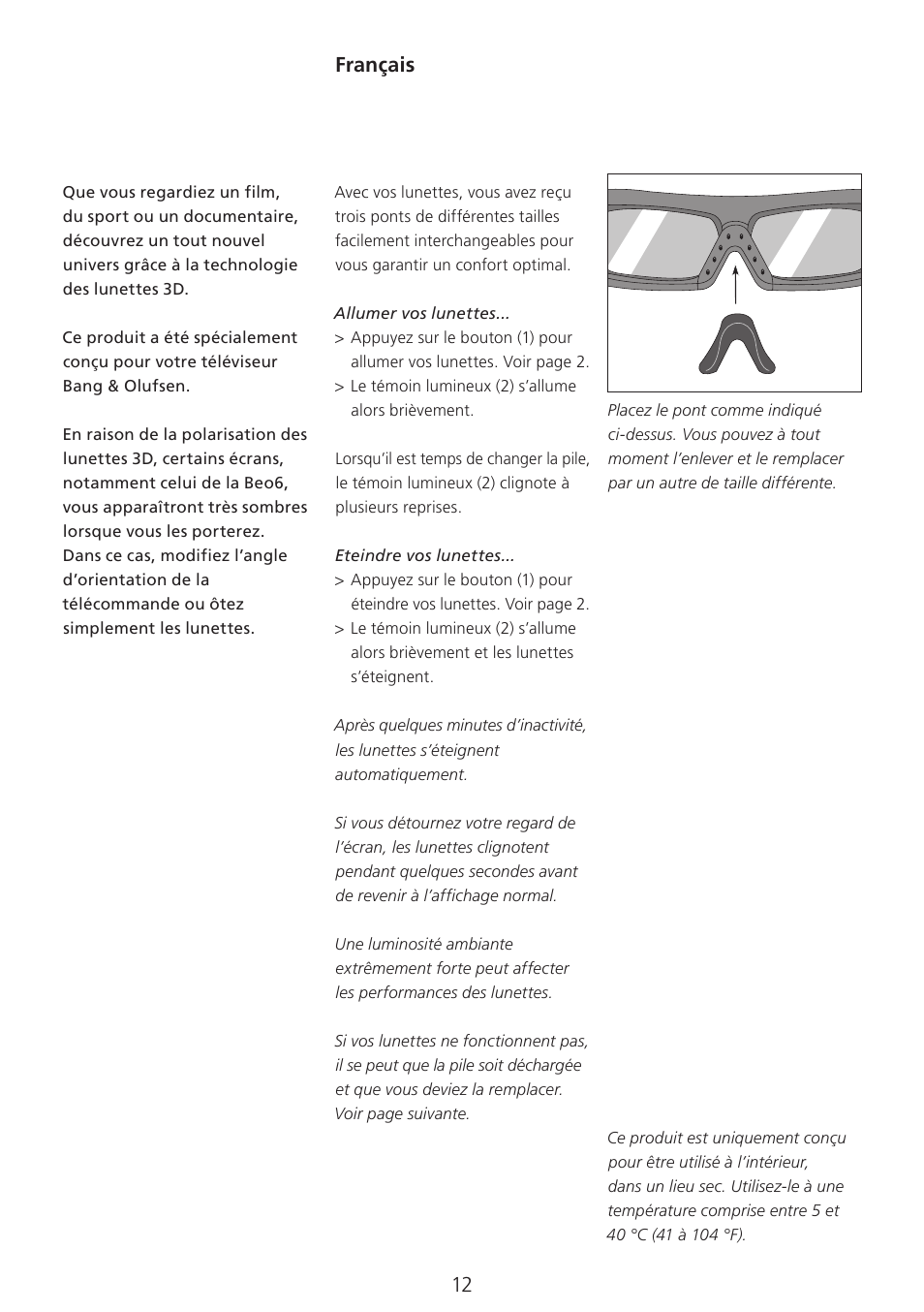 Français (french) , 12, Français | Bang & Olufsen 3D Glasses - User Guide User Manual | Page 12 / 59