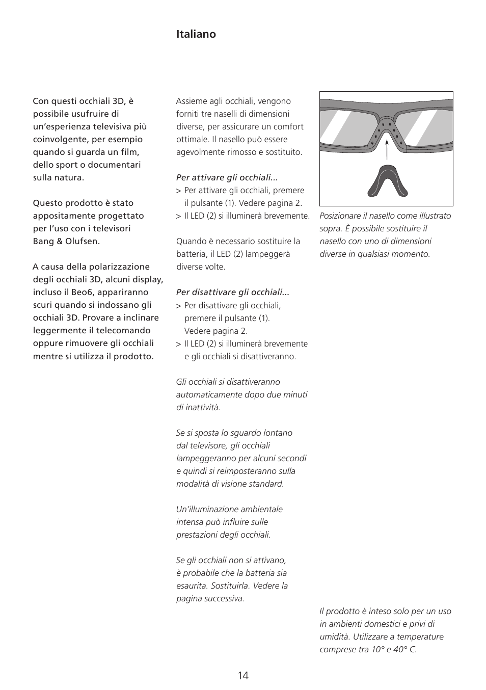 Italiano (italian) , 14, Italiano | Bang & Olufsen 3D Glasses - User Guide User Manual | Page 14 / 59