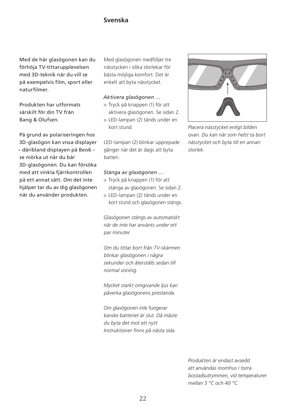 A (swedish) , 22, Svenska | Bang & Olufsen 3D Glasses - User Guide User Manual | Page 22 / 59