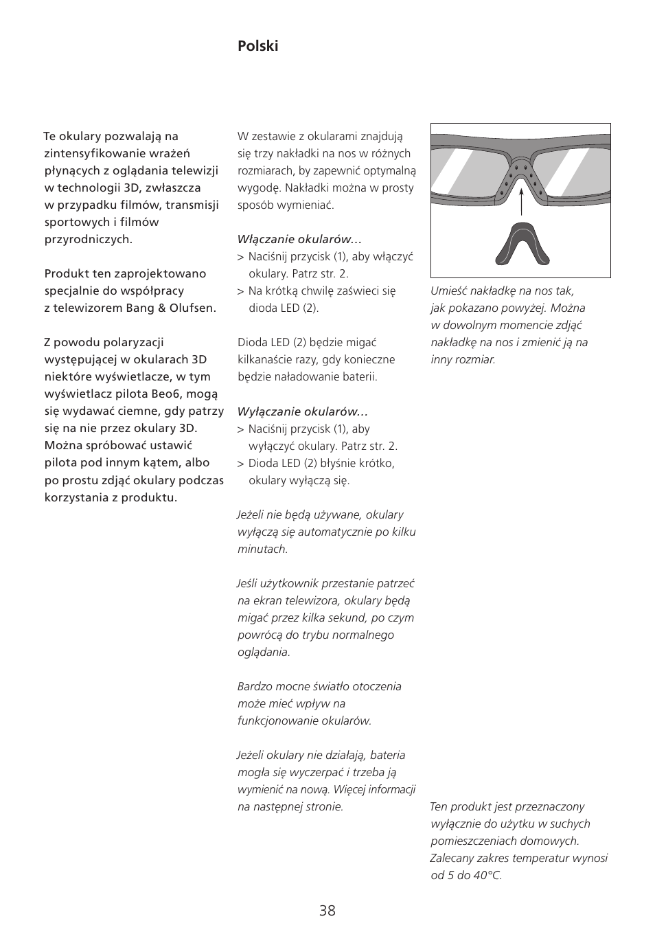 I (polish) , 38, Polski | Bang & Olufsen 3D Glasses - User Guide User Manual | Page 38 / 59