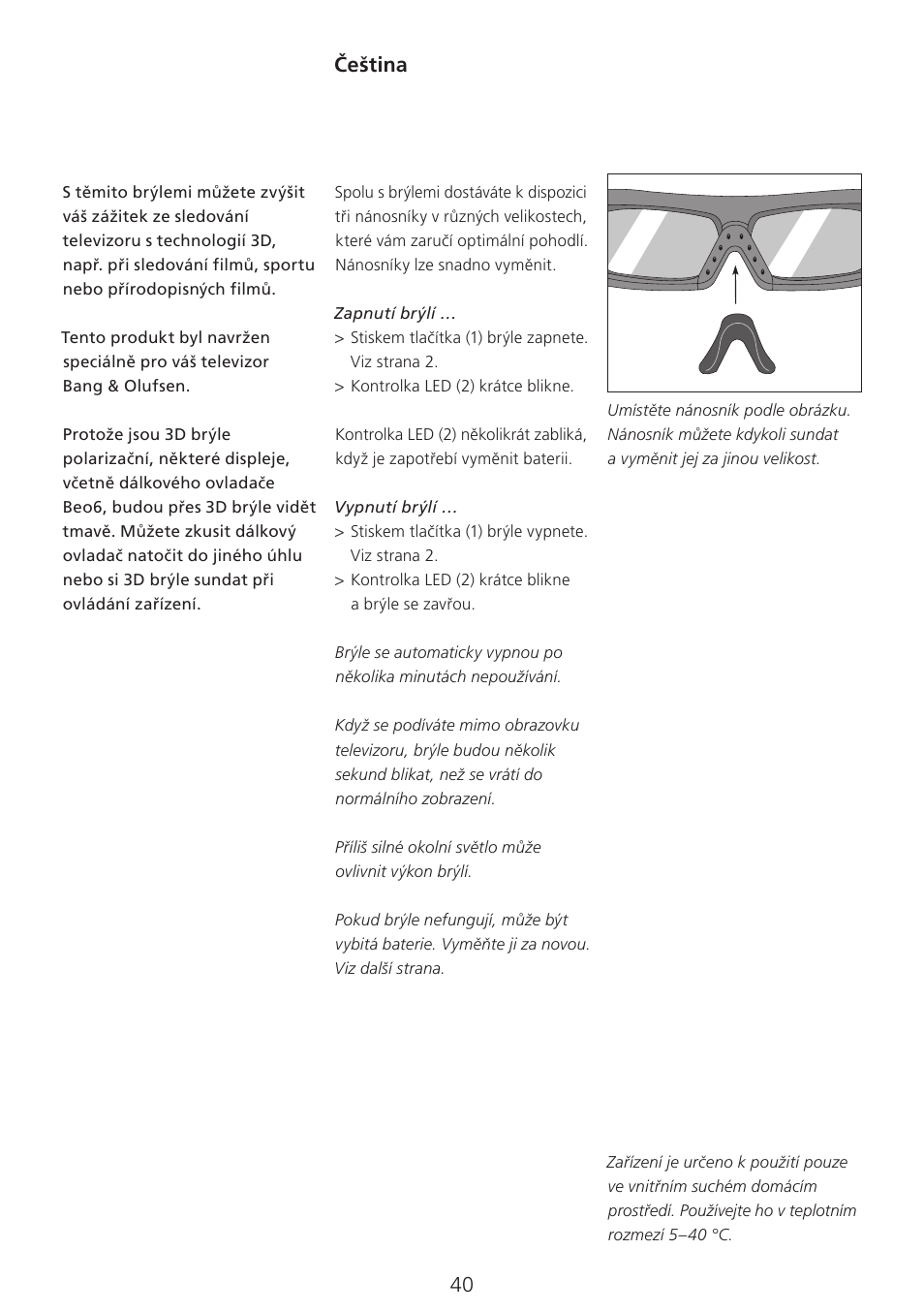 A (czech) , 40, Čeština | Bang & Olufsen 3D Glasses - User Guide User Manual | Page 40 / 59