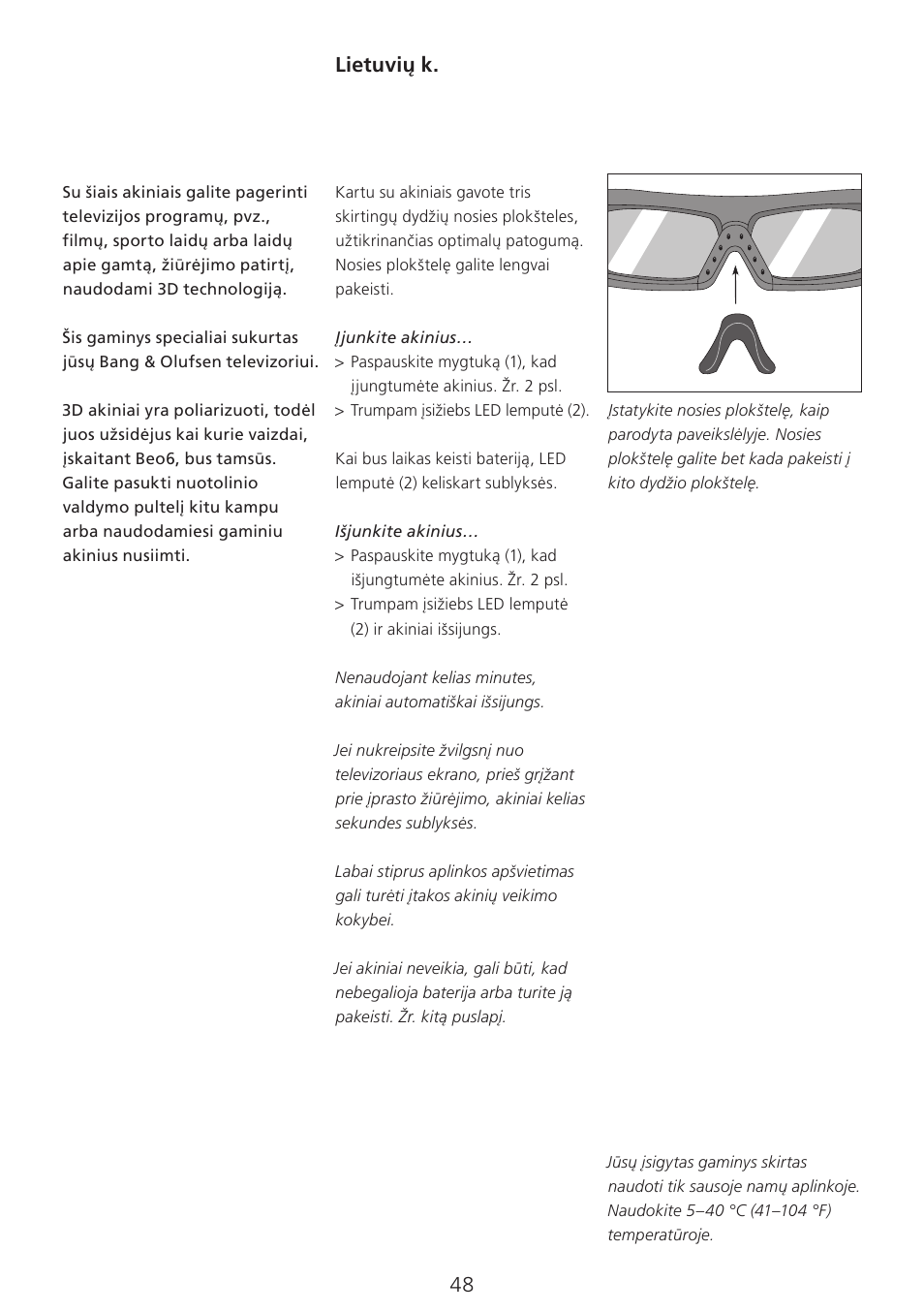 Ų k (lithuanian) , 48, Lietuvių k | Bang & Olufsen 3D Glasses - User Guide User Manual | Page 48 / 59