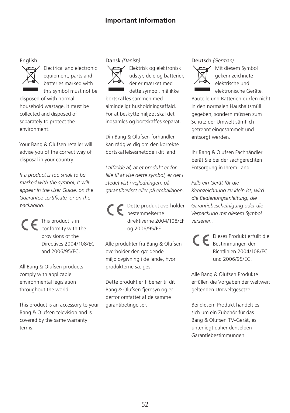 Important information, 52, Important information | Bang & Olufsen 3D Glasses - User Guide User Manual | Page 52 / 59