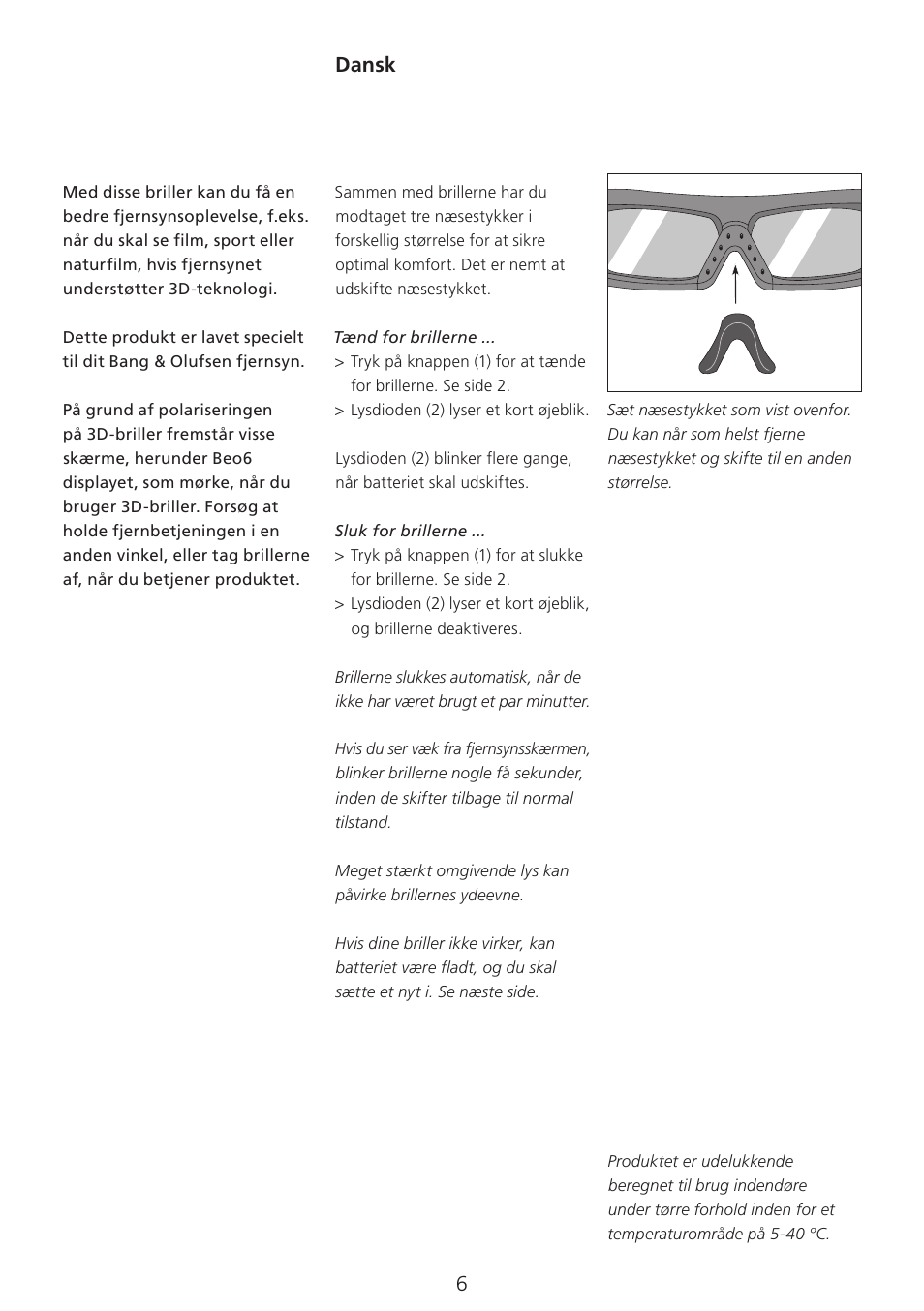 Dansk (danish) , 6, Dansk | Bang & Olufsen 3D Glasses - User Guide User Manual | Page 6 / 59
