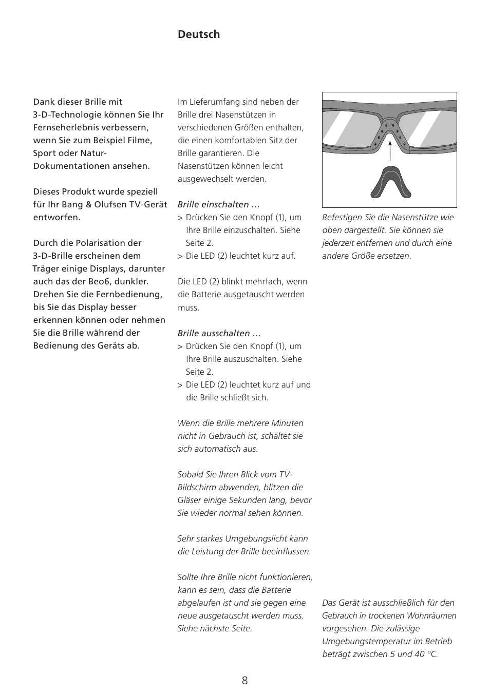 Deutsch (german) , 8, Deutsch | Bang & Olufsen 3D Glasses - User Guide User Manual | Page 8 / 59