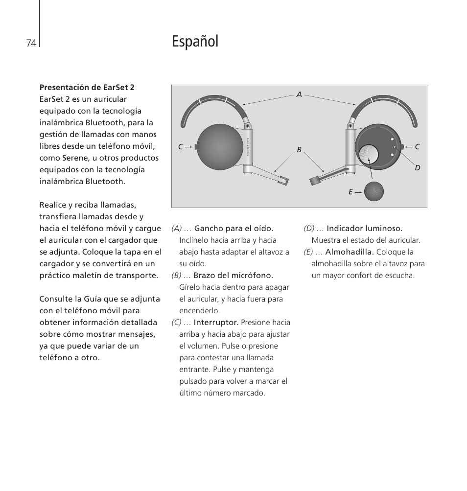 Español | Bang & Olufsen EarSet 2 - User Guide User Manual | Page 74 / 124