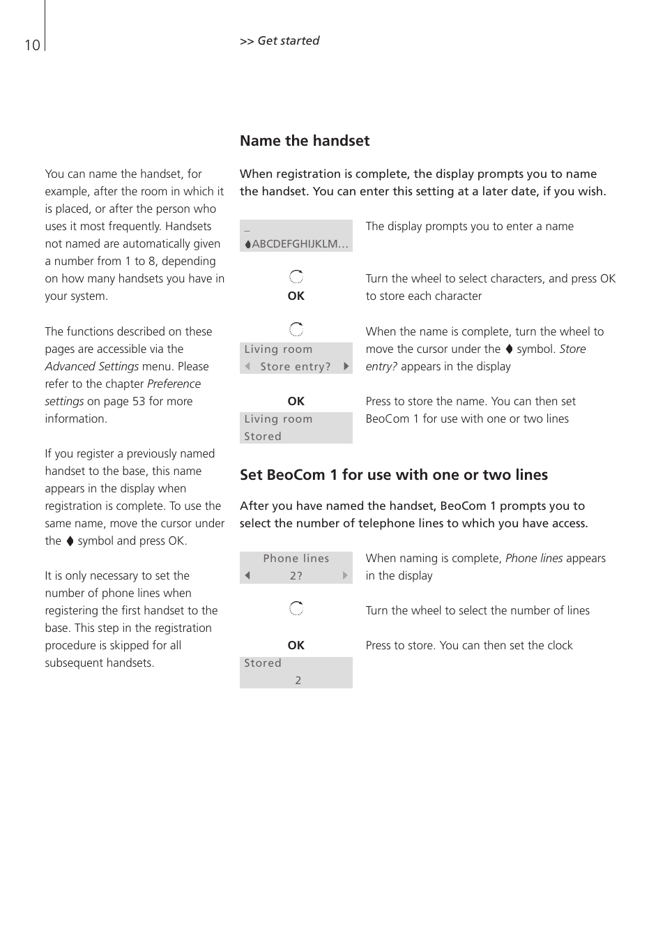 Name the handset, Set beocom 1 for use with one or two lines | Bang & Olufsen BeoCom 1 - User Guide User Manual | Page 10 / 68