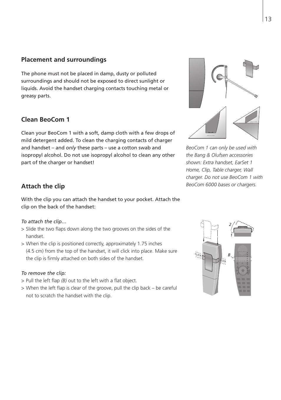 Placement and surroundings, Clean beocom 1, Attach the clip | 13 placement and surroundings | Bang & Olufsen BeoCom 1 - User Guide User Manual | Page 13 / 68