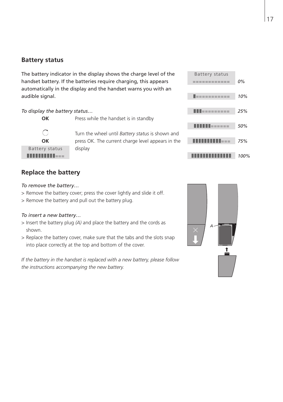 Battery status, Replace the battery, 17 battery status | Bang & Olufsen BeoCom 1 - User Guide User Manual | Page 17 / 68