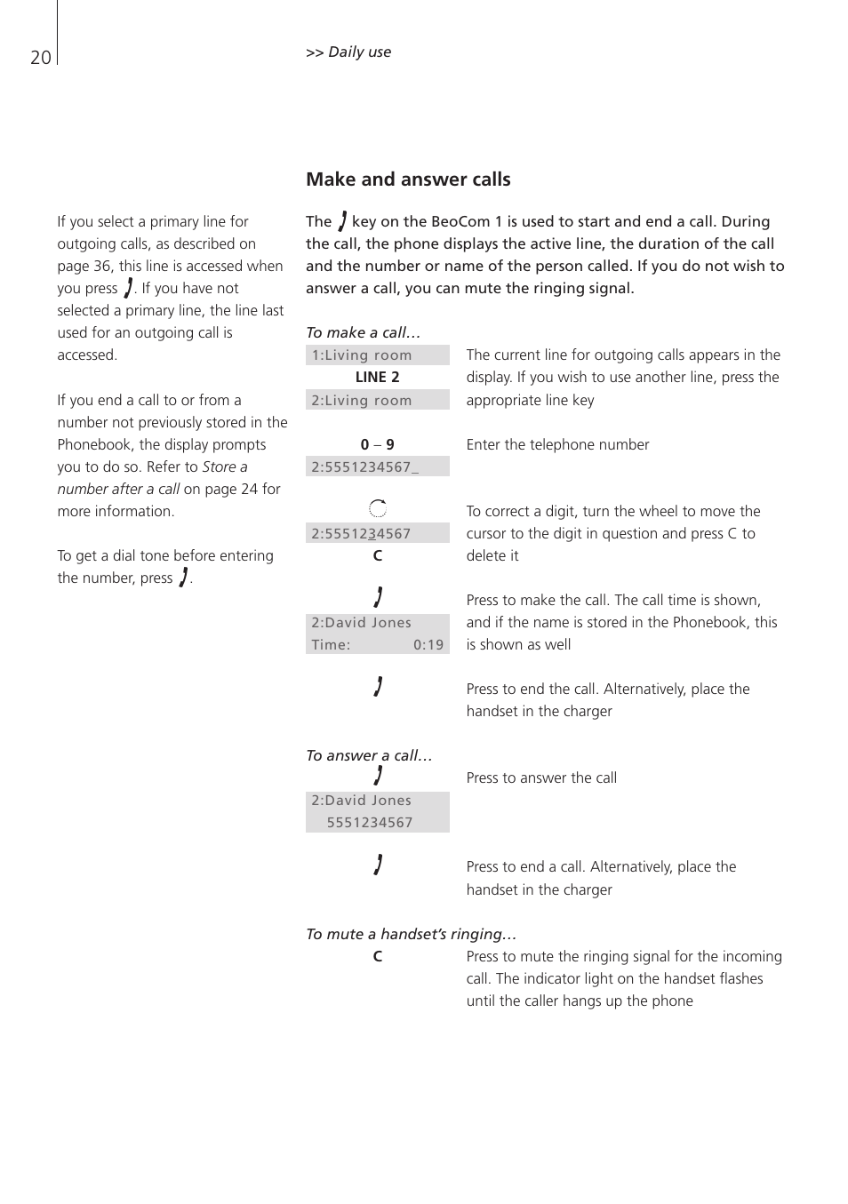 Make and answer calls | Bang & Olufsen BeoCom 1 - User Guide User Manual | Page 20 / 68