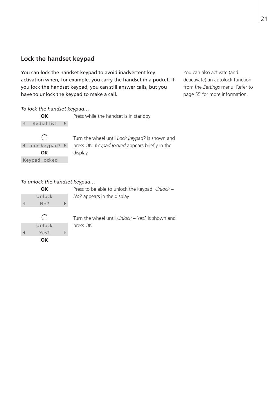 Lock the handset keypad | Bang & Olufsen BeoCom 1 - User Guide User Manual | Page 21 / 68