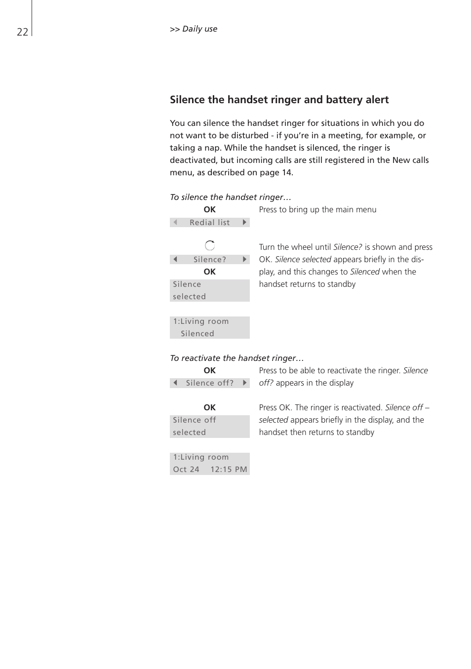 Silence the handset ringer and battery alert | Bang & Olufsen BeoCom 1 - User Guide User Manual | Page 22 / 68