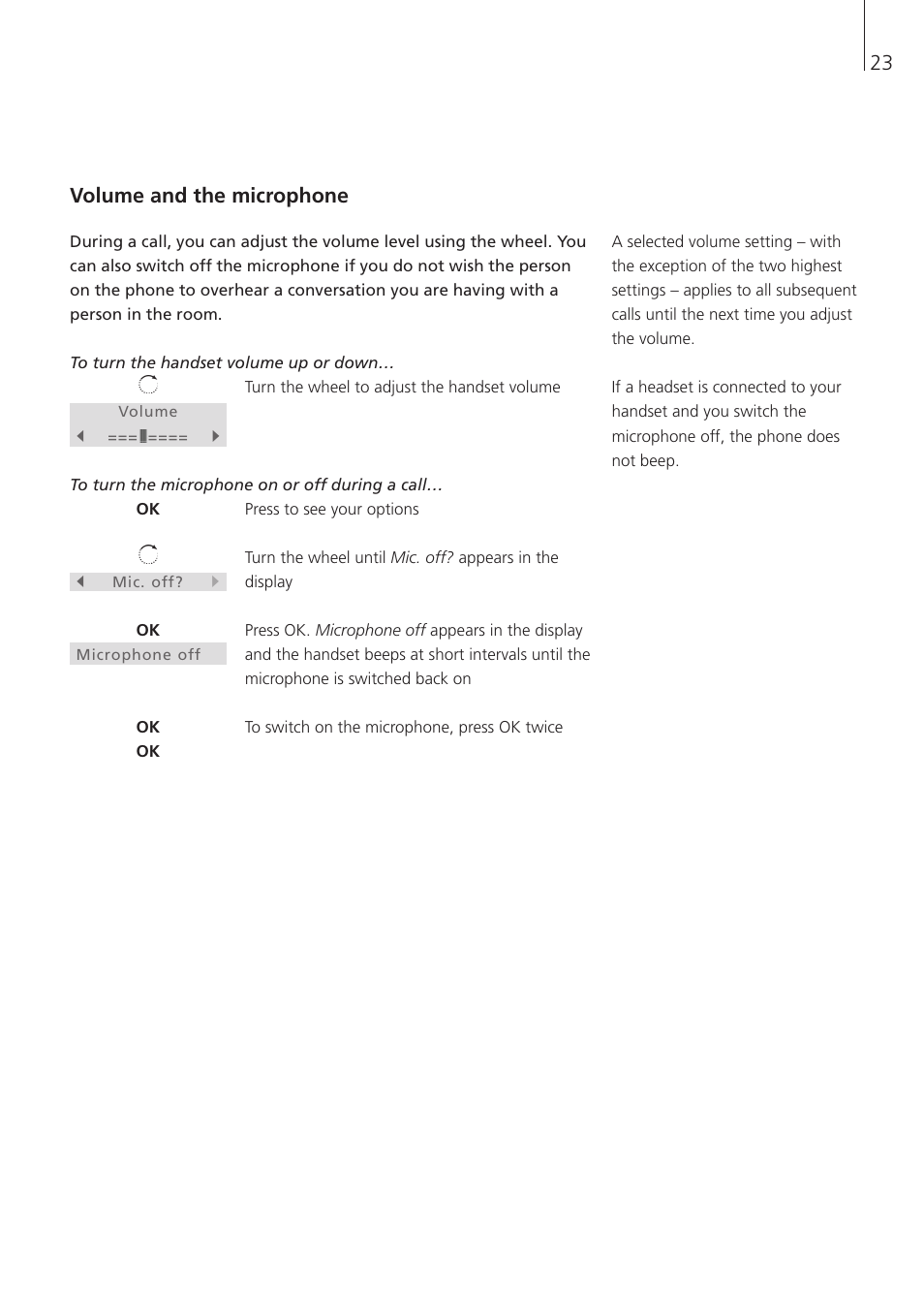 Volume and the microphone | Bang & Olufsen BeoCom 1 - User Guide User Manual | Page 23 / 68