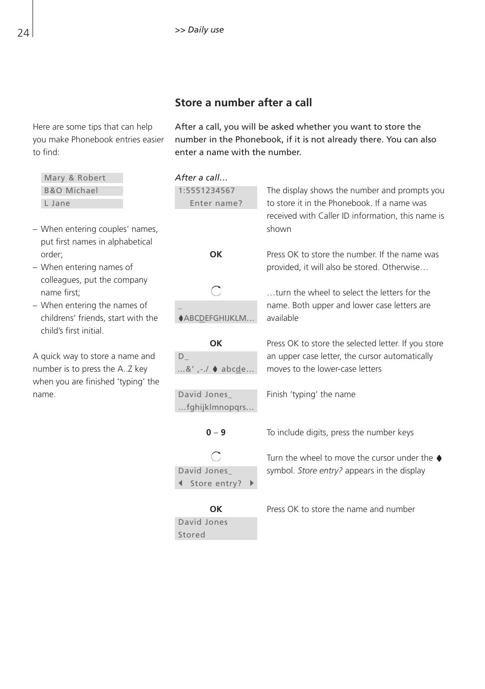 Store a number after a call | Bang & Olufsen BeoCom 1 - User Guide User Manual | Page 24 / 68