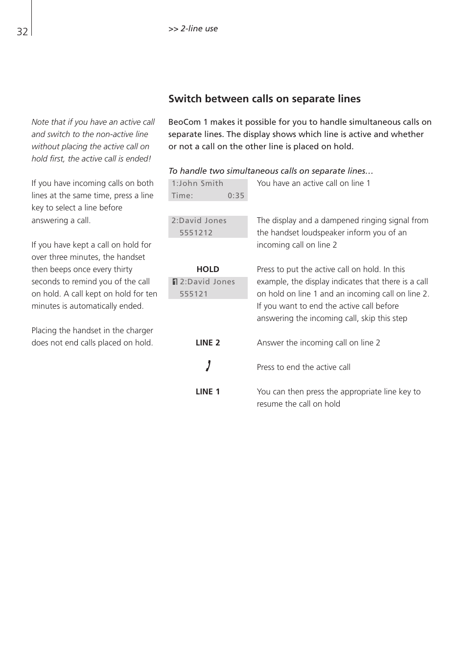 Switch between calls on separate lines | Bang & Olufsen BeoCom 1 - User Guide User Manual | Page 32 / 68