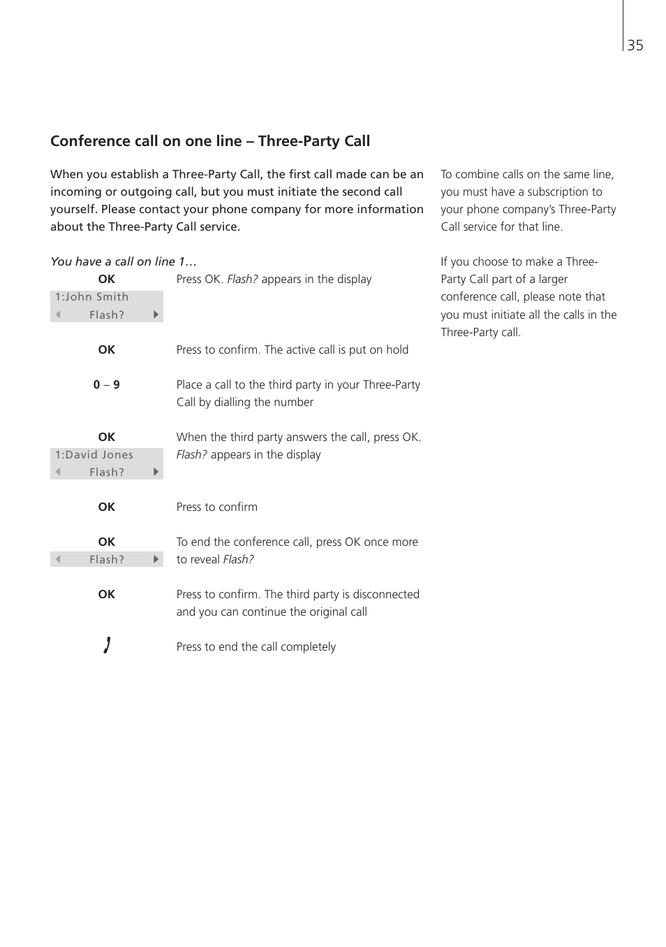 Conference call on one line – three-party call, 35 conference call on one line – three-party call | Bang & Olufsen BeoCom 1 - User Guide User Manual | Page 35 / 68
