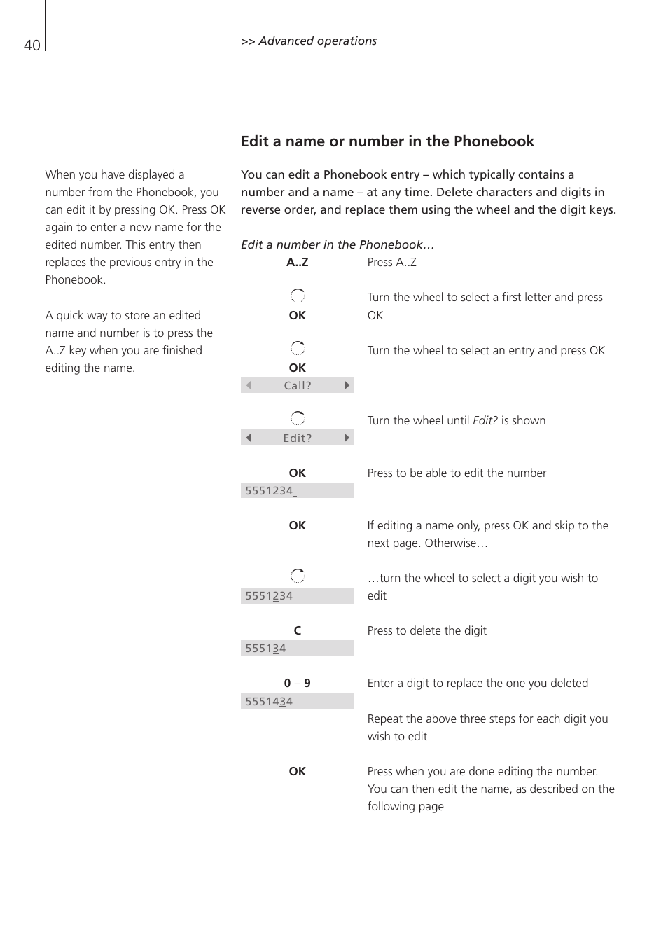 Edit a name or number in the phonebook | Bang & Olufsen BeoCom 1 - User Guide User Manual | Page 40 / 68