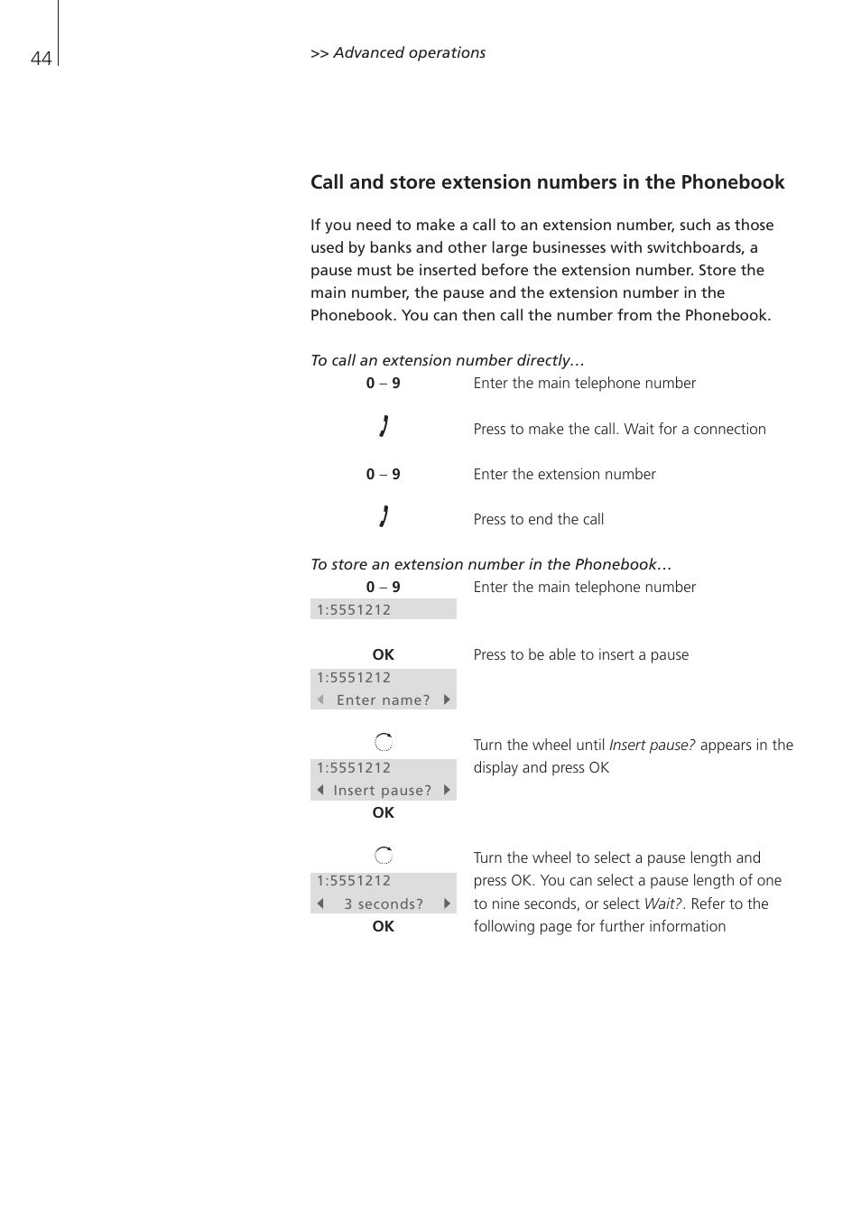 Call and store extension numbers in the phonebook | Bang & Olufsen BeoCom 1 - User Guide User Manual | Page 44 / 68
