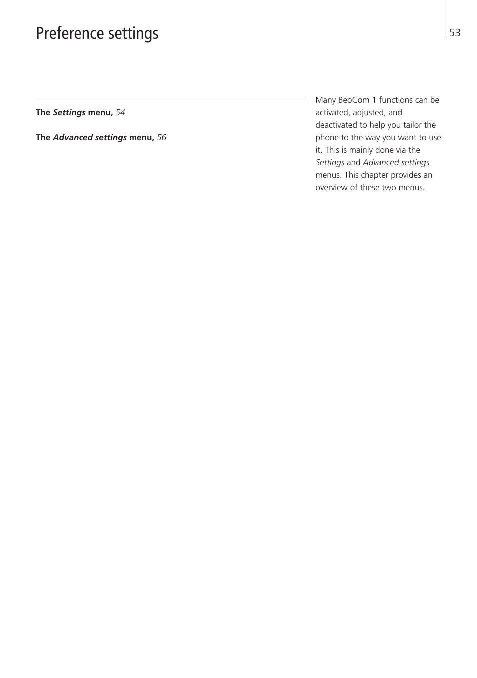 Preference settings | Bang & Olufsen BeoCom 1 - User Guide User Manual | Page 53 / 68