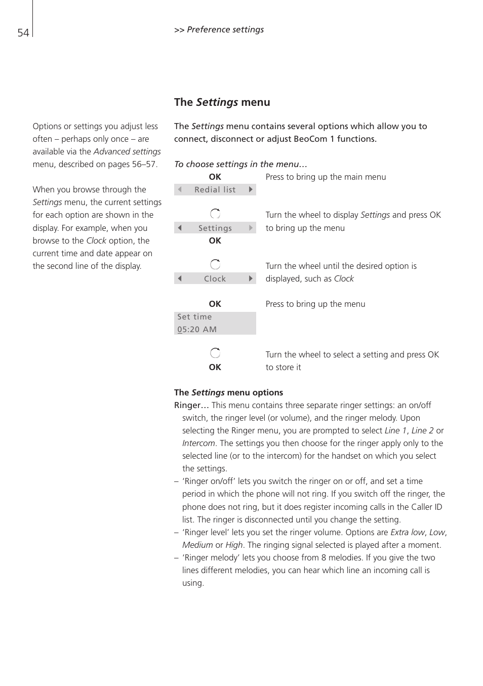 The settings menu | Bang & Olufsen BeoCom 1 - User Guide User Manual | Page 54 / 68