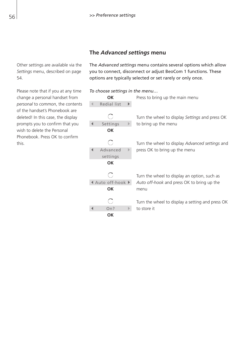 The advanced settings menu | Bang & Olufsen BeoCom 1 - User Guide User Manual | Page 56 / 68