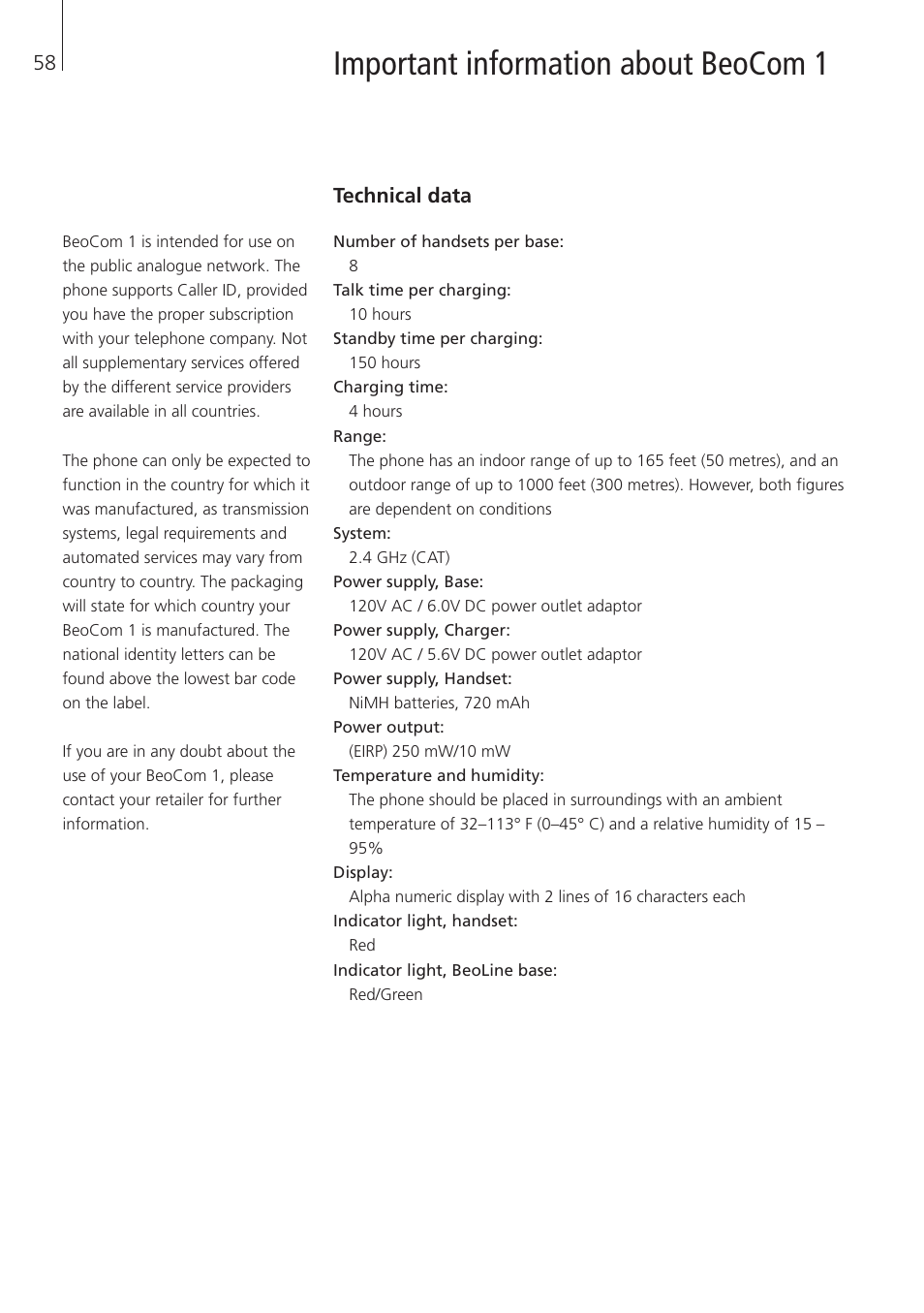 Important information about beocom 1, Technical data | Bang & Olufsen BeoCom 1 - User Guide User Manual | Page 58 / 68