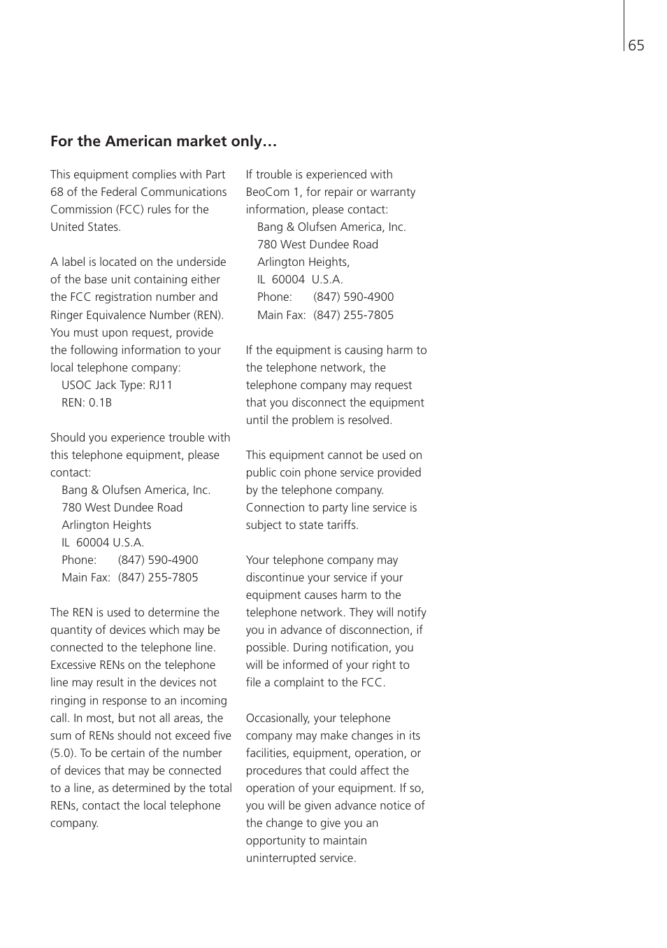 65 for the american market only | Bang & Olufsen BeoCom 1 - User Guide User Manual | Page 65 / 68