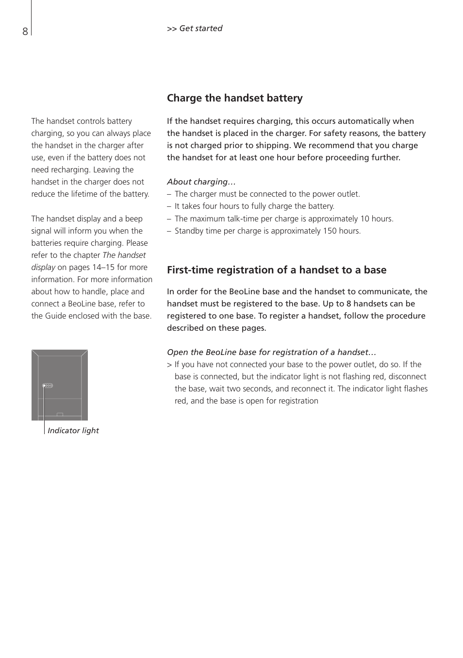 Charge the handset battery, First-time registration of a handset to a base | Bang & Olufsen BeoCom 1 - User Guide User Manual | Page 8 / 68