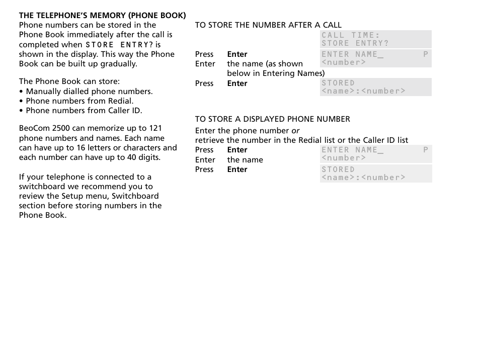 The telephone’s memory (phone book), To store the number after a call, To store a displayed phone number | Bang & Olufsen BeoCom 2500 - User Guide User Manual | Page 15 / 38