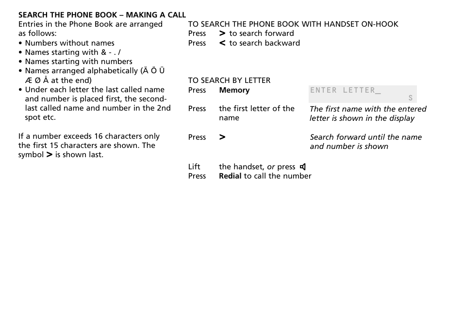Search the phone book – making a call, To search the phone book with handset on-hook, To search by letter | Bang & Olufsen BeoCom 2500 - User Guide User Manual | Page 17 / 38