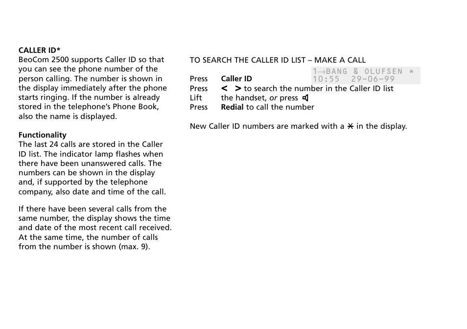 Caller id, To search the caller id list – make a call | Bang & Olufsen BeoCom 2500 - User Guide User Manual | Page 21 / 38