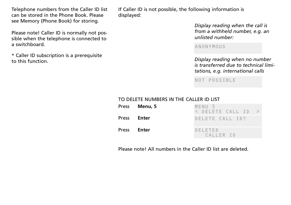 To delete numbers in the caller id list | Bang & Olufsen BeoCom 2500 - User Guide User Manual | Page 22 / 38