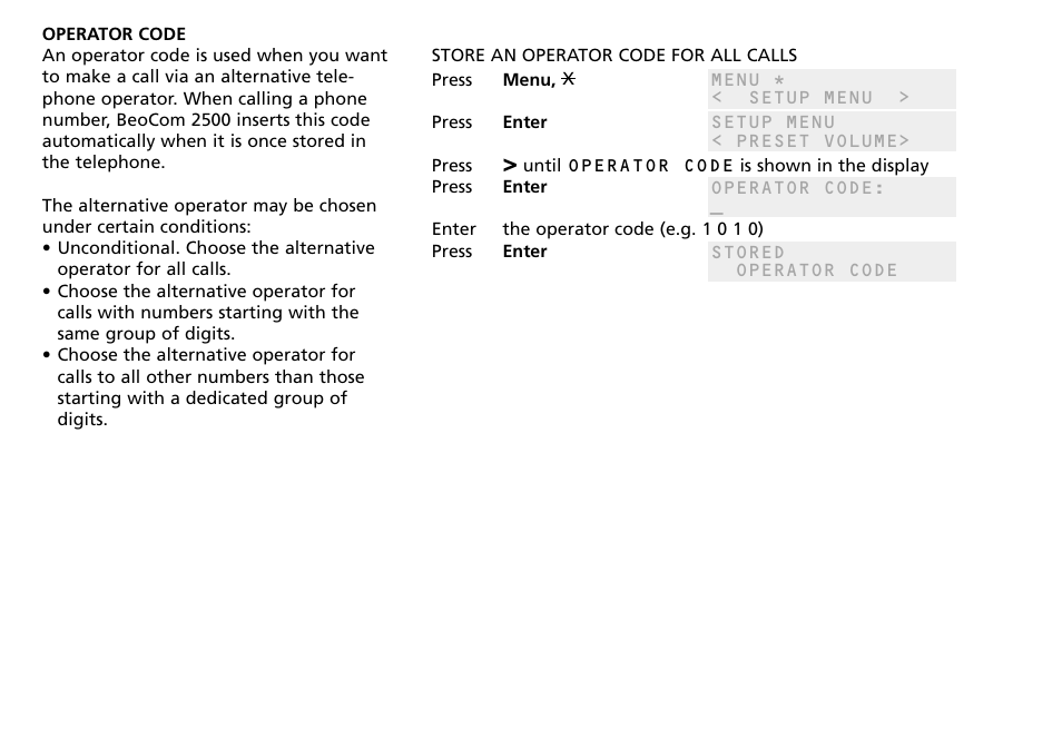 Operator code | Bang & Olufsen BeoCom 2500 - User Guide User Manual | Page 29 / 38