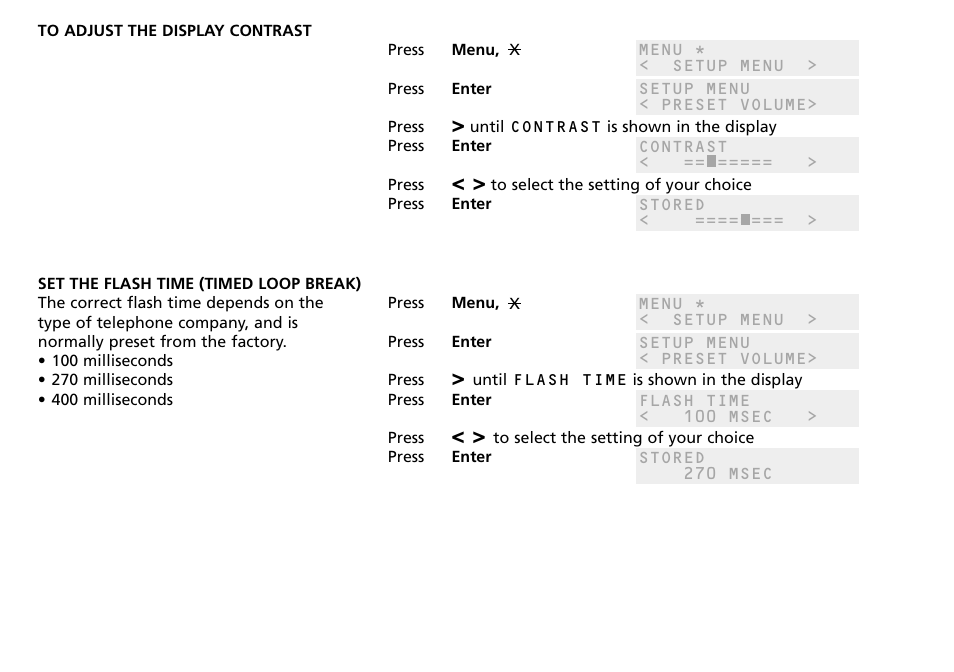 To adjust the display contrast, Set the flash time (timed loop break) | Bang & Olufsen BeoCom 2500 - User Guide User Manual | Page 31 / 38