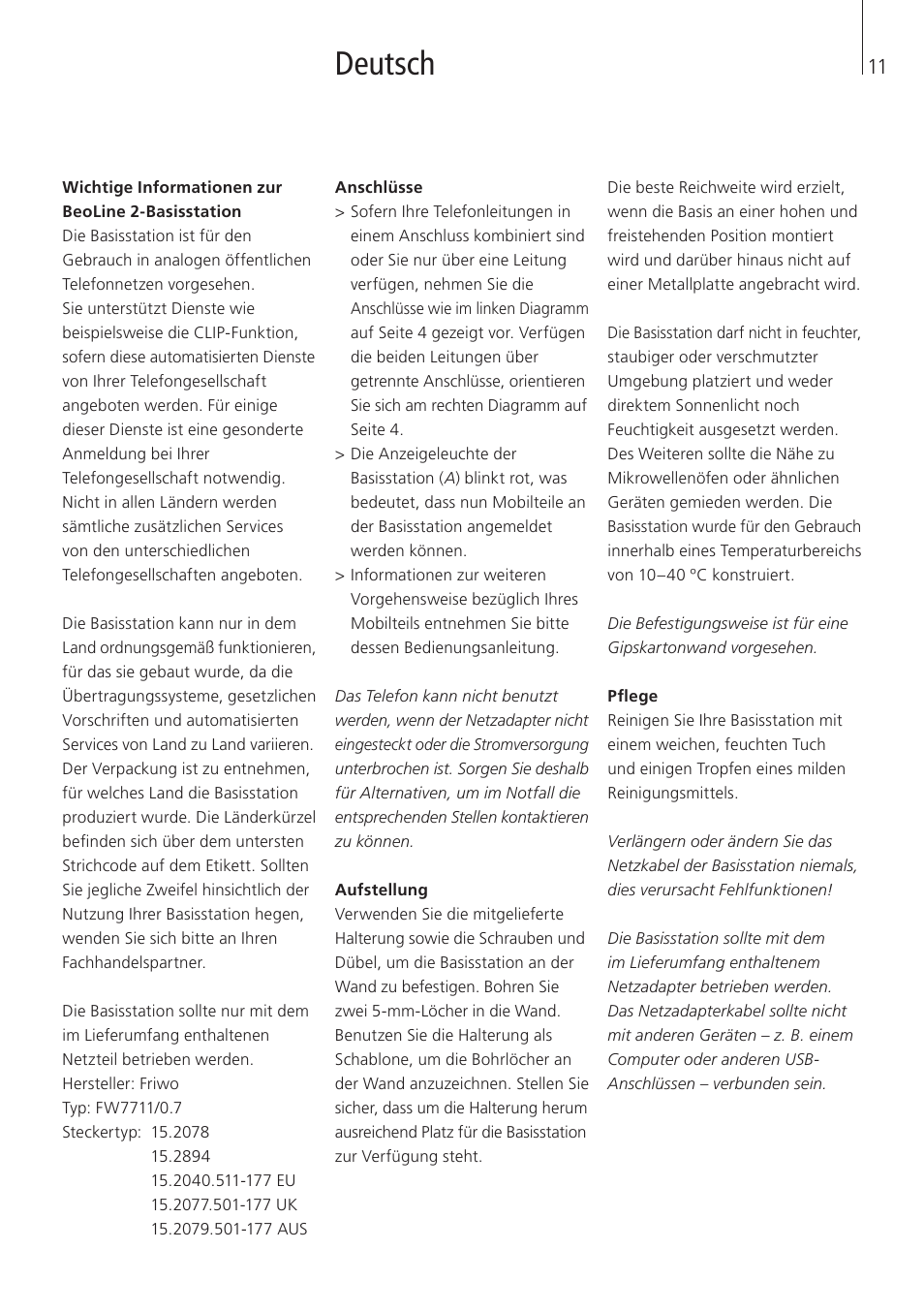 Deutsch | Bang & Olufsen BeoLine 2 - User Guide User Manual | Page 11 / 56