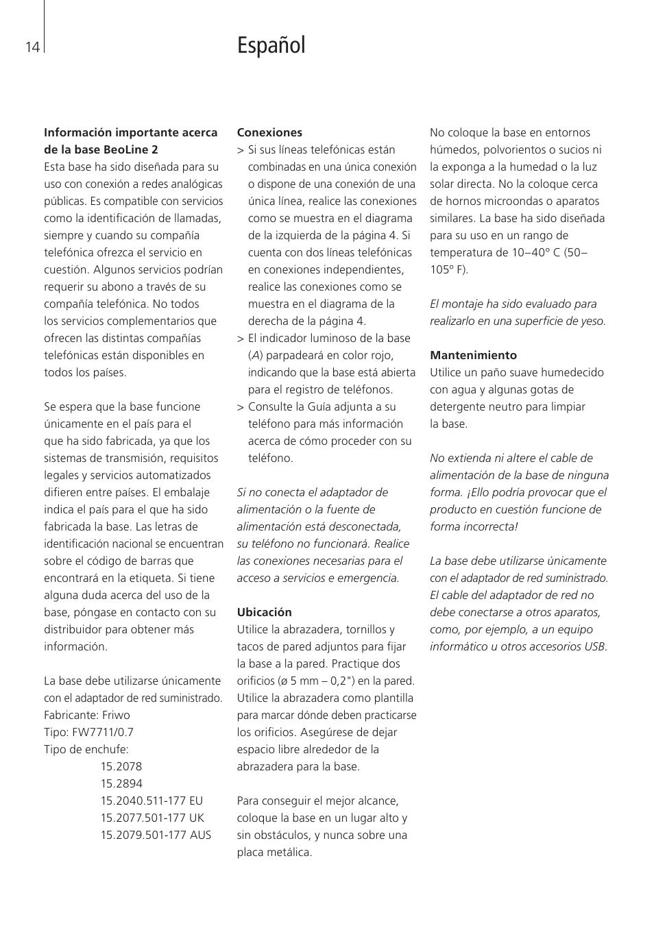 Español | Bang & Olufsen BeoLine 2 - User Guide User Manual | Page 14 / 56
