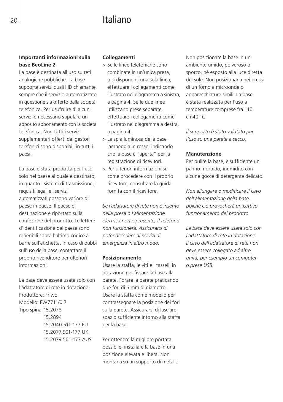 Italiano | Bang & Olufsen BeoLine 2 - User Guide User Manual | Page 20 / 56
