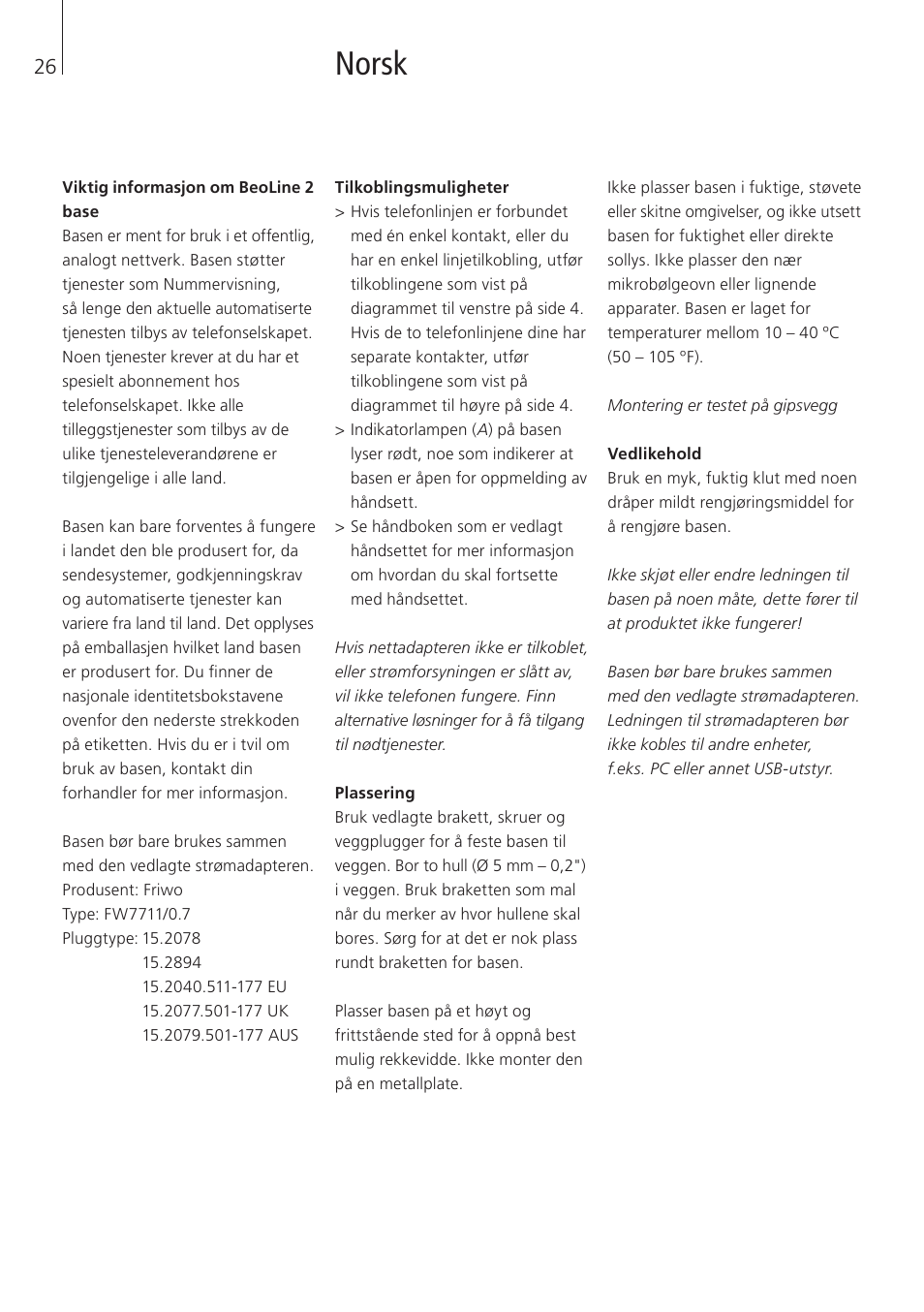 Norsk | Bang & Olufsen BeoLine 2 - User Guide User Manual | Page 26 / 56